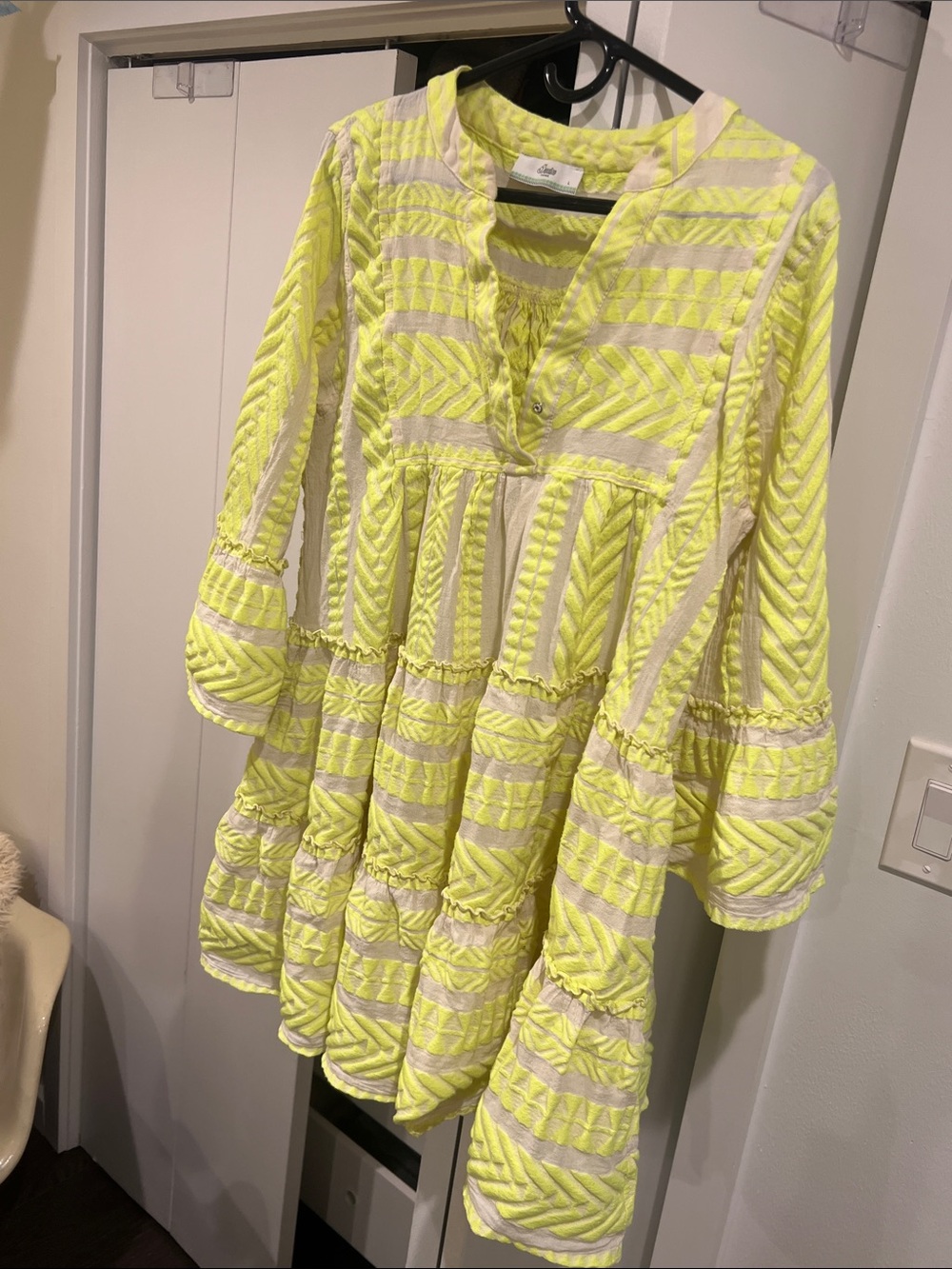 Devotion Twins for Anthropologie Neon Yellow & Cream Cotton long sleeve Dress, L
